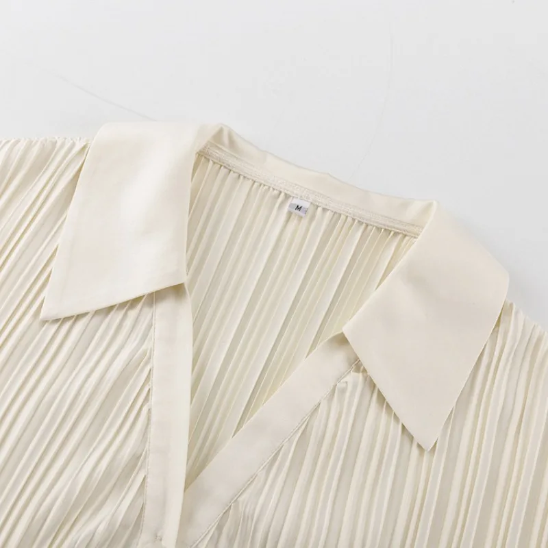 Y2K Pleated Loungewear Autumn Women Trousers Set Elegant Long Sleeve Button Down Shirt Wide Leg Pants Two Piece Pajamas Set