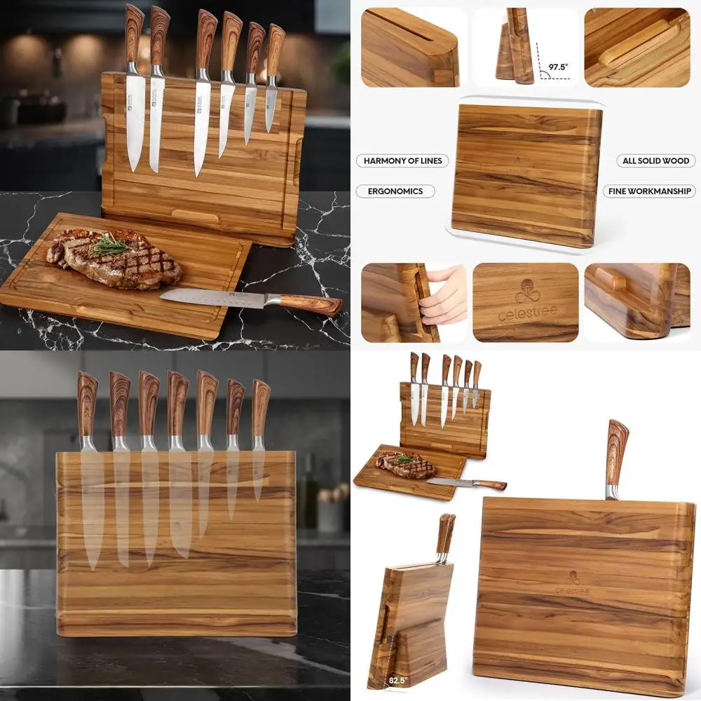

Magnetic Knife Holder Teak Cutting Board 16x11 Inches, Juice Grooves, Kitchen Organizer for Home Chefs