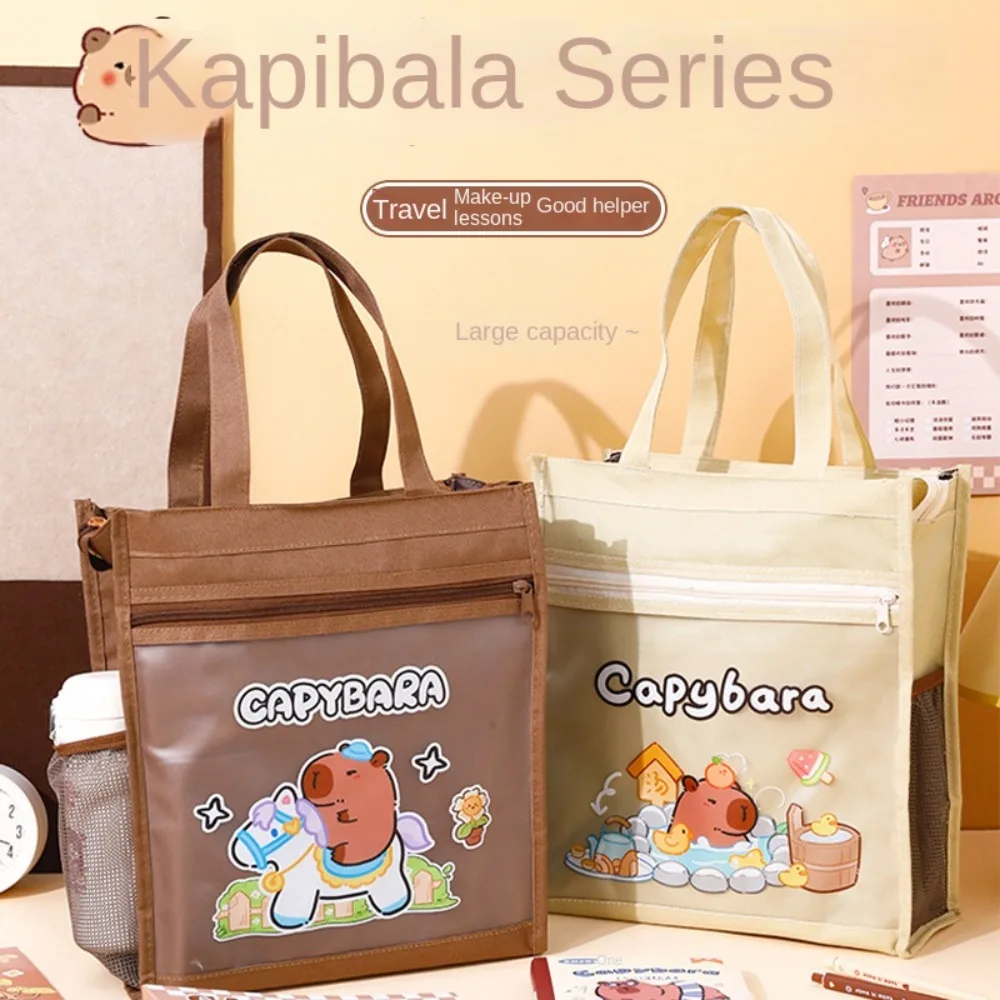 Multifunction Capybara Tote School Bag Large-capacity Side Mesh Pocket Cartoon Tote Tutorial Bag Handheld Portable