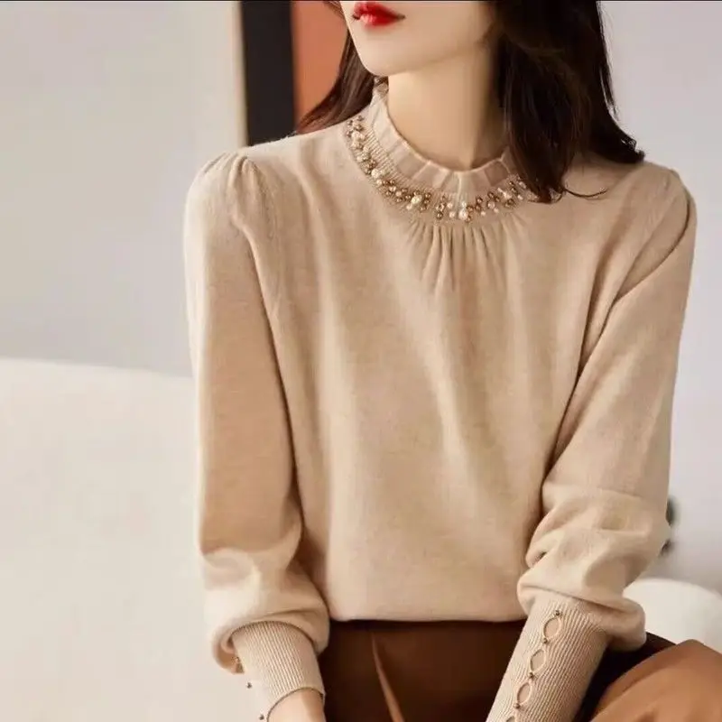 Women Clothing Korean Fashion Ruffle Beaded Elegant Basic Knitwears Autumn Winter Solid Long Sleeve Loose Pullover Tops Jumpers