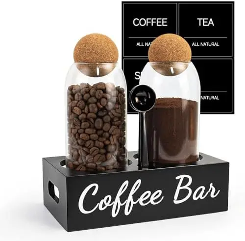 

TRIFOLIC 34oz Coffee Storage Jars Set of 2 – Airtight Glass Canisters with Wood Lids & Scoop – Coffee, Tea, Sugar Organizer