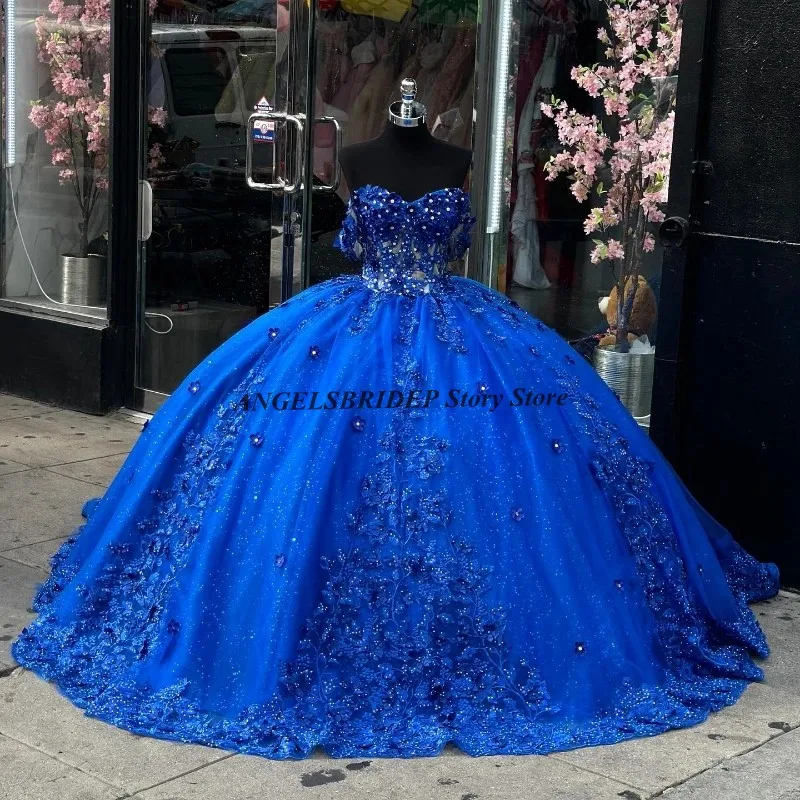 

ANGELSBRIDEP Королевский синий Роскошные платья для Quinceanera кружевное платье с аппликацией бусинами на день рождения со шнуровкой корсет бальные платья на выпускной