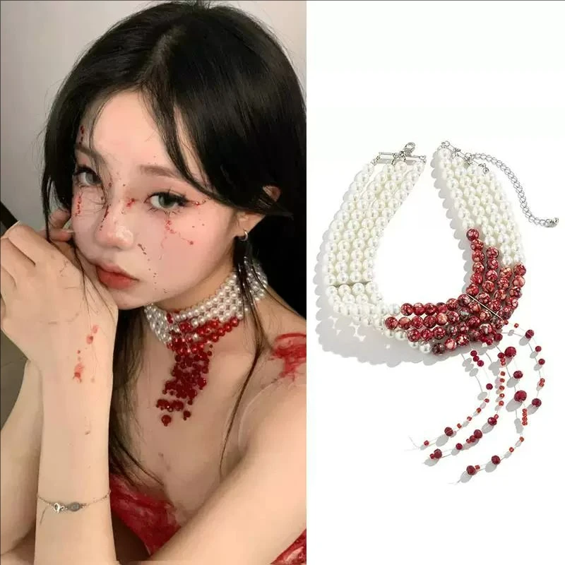 2026 Handmade Dripping Blood Imitation Pearls Necklace Vampire Choker Party Costume Women Girls Jewelry Gifts for Friends