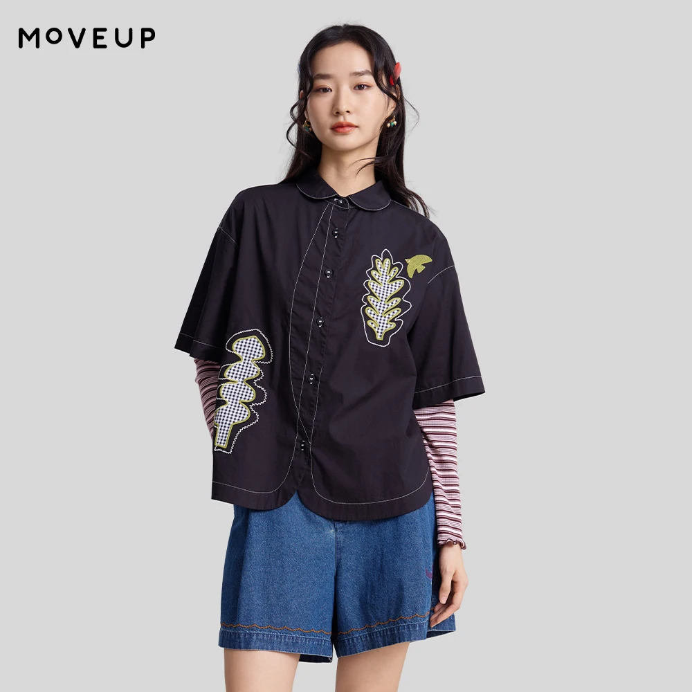 

Рубашка MOVEUP с коротким рукавом и отложным воротником, весна 2026, новая коллекция, из чистого хлопка, с аппликацией в виде птиц и грибов, вышивка, изогнутый подол, 3ELC20433