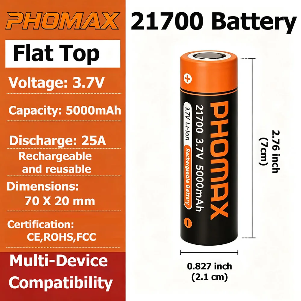 PHOMAX 3.7V 21700 5000mAh Li-lon Rechargeable Battery 25A Power Discharge Flat-top Batteries for DIY Flashlight Portable Fans