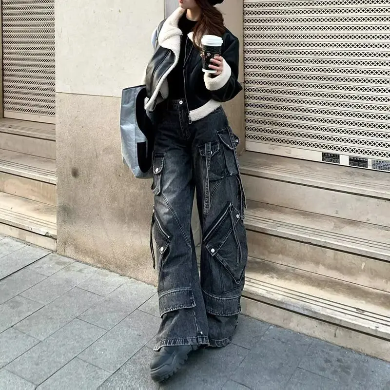 

High Street Y2k Baggy Jeans Women Black Gothic Harajuku Denim Trousers Safari Wide Leg Pants Vintage Woman Clothing Clothes