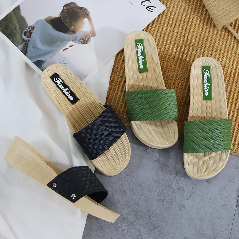 Wedge Heel Thick Bottom Fashion Casual One-word Slippers Comfortable Outer Wear Beach Shoes Imitation Woven Sandals Slippers