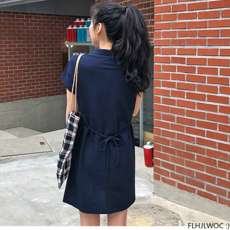 Abiti Casual in cotone moda donna 2024 New Chic Korea Japanese Preppy Style Girls Ladies Cute Mini Navy Blue t-shirt Dress