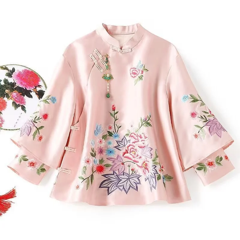 Women's Jacket Shirts & Blouses  Women's Spring and Autumn new Retro Diagonal Buckle Embroidery Collar ImprovedCheongsam Jacket