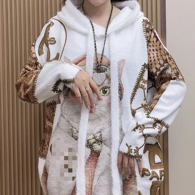 

French rhinestone printing jazz cartoon cat hooded long-sleeved sweater female spring loose fashion mink velvet Joker coat.