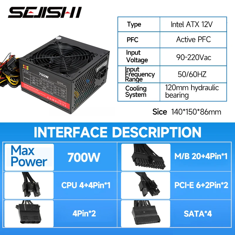 Imagem -06 - Sejishi-pc Psu Unidade de Alimentação para Jogos Preto Silencioso Ventilador 120 Milímetros 24pin 12v Atx Desktop Computador 700w Btc