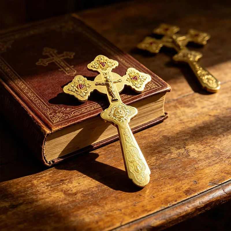 

Vintage Gold Plated Double Sided Orthodox Hand Blessing Cross for Church Liturgy Home Altar Prayer Devotion Christian Gift Decor