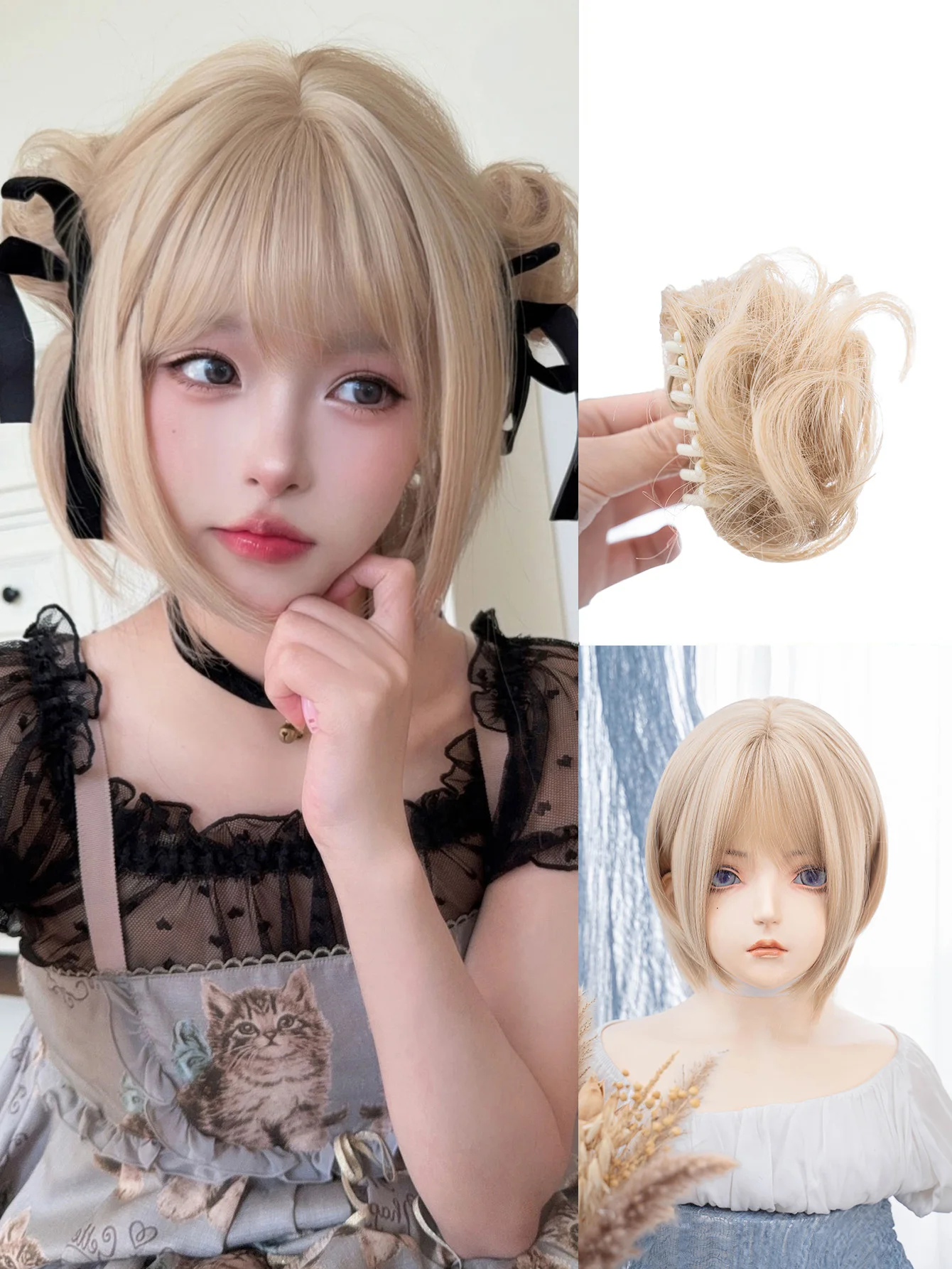 Parrucche sintetiche Lolita bionde da 14 pollici con frangia e panini doppi Parrucca per capelli corti lisci Odango per le donne Uso quotidiano Resistente al calore