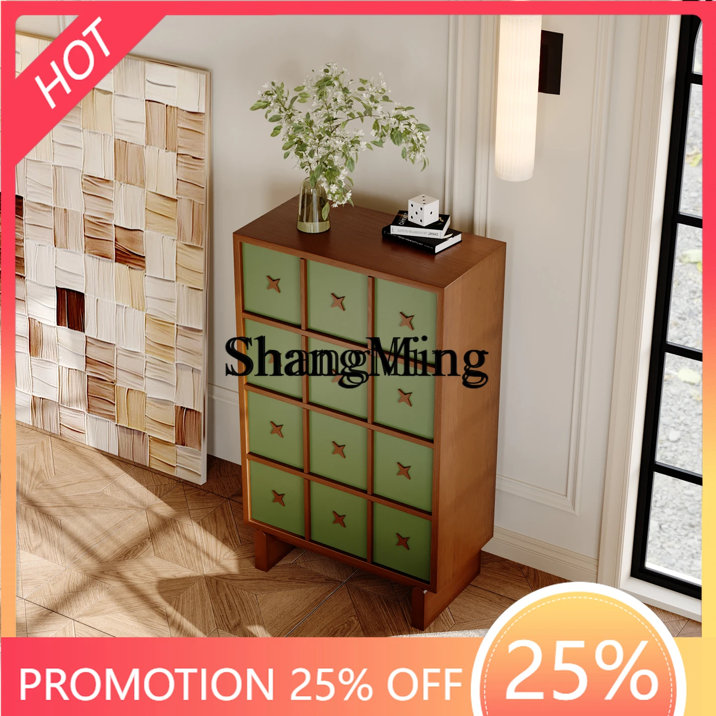 

CL starry solid wood side cabinet retro ash wood small apartment living room bedroom storage decorative cabinet