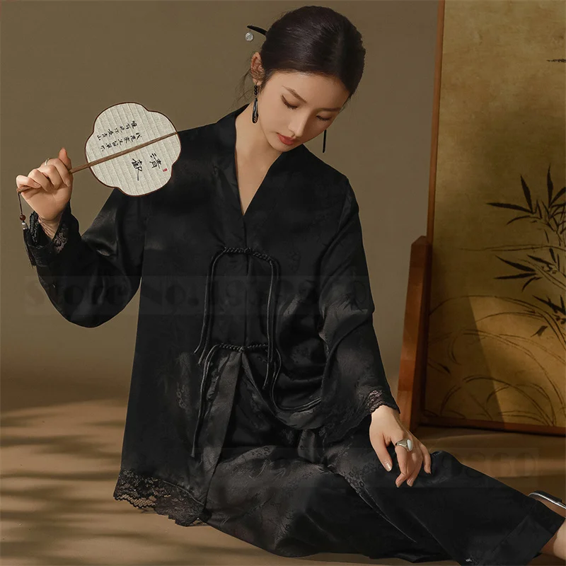 Pajamas Set Female Long Sleeve Trouser Suits New Chinese Style Elegant Sleepwear Jacquard Satin Nightwear Loose Homewear Pyjama