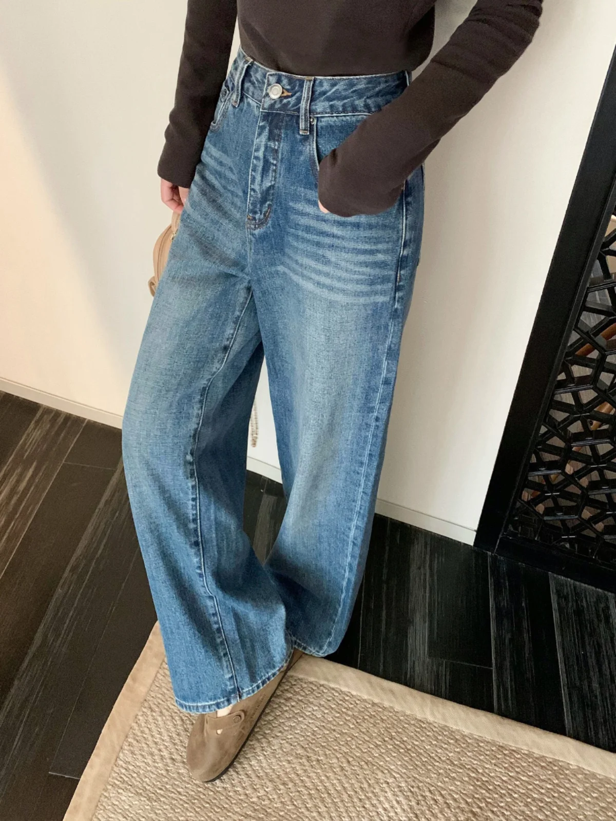 

Синие свободные повседневные ленивые широкие брюки длиной до пола, женские джинсы из пумша, винтажные хлопковые брюки с талией для поездок на работу Faion