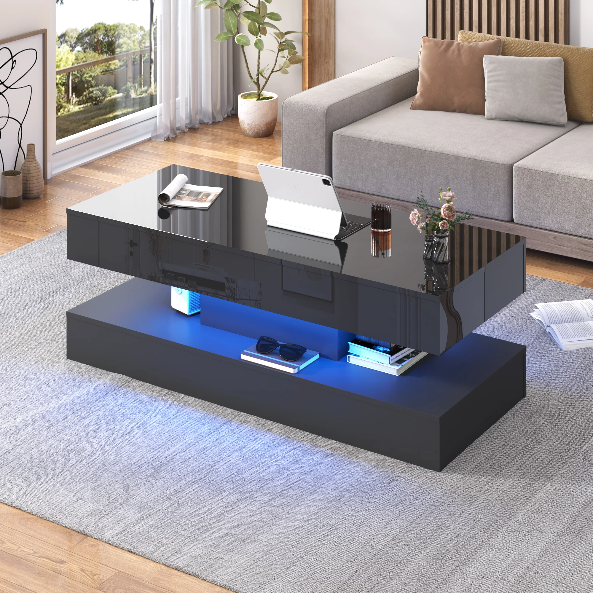 xx-High LED Coffee Tables for Living Room, Center Table with Open Display Shelf & Large Storage Space, White Coffee Table*