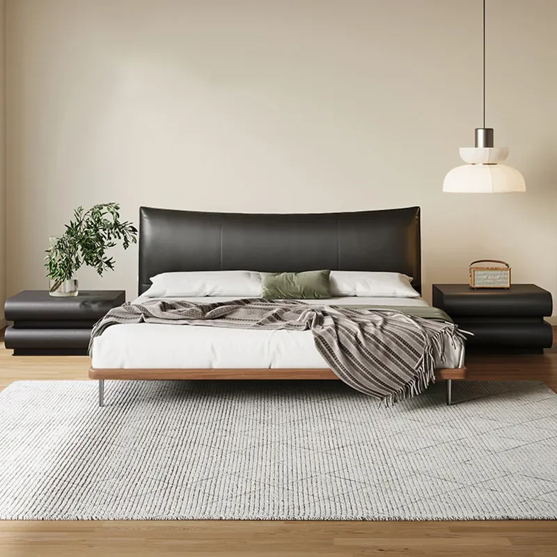 for Italian minimalist leather bed black retro master bedroom flush edge double wedding bed ash wood soft bag leather art bed