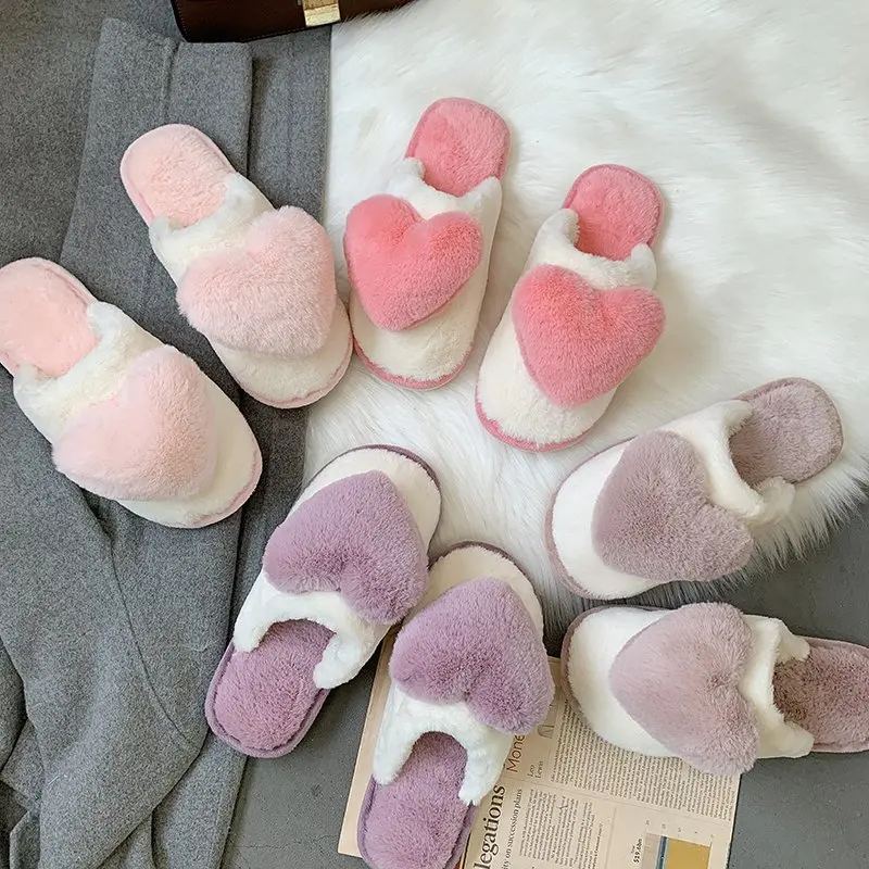 

Women Winter Slippers Faux Fur Keep Warm Women's Shoes Sexy Ladies Shoes Female Heart Shaped Cover Round Toe Furry Hairy Slides