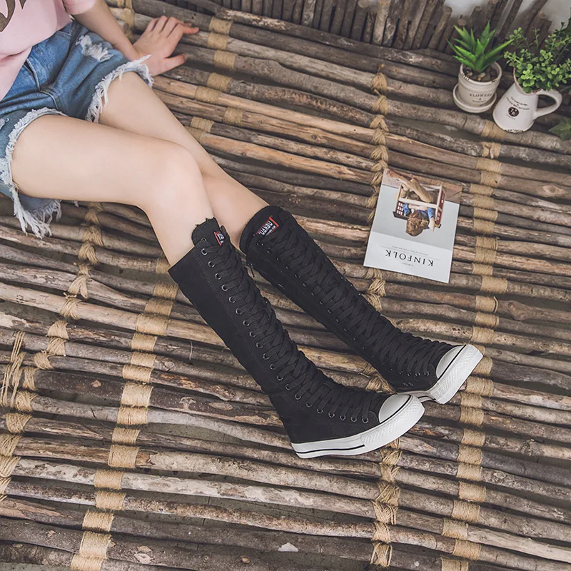 Tenis Feminino Spring Autumn Women Shoe Canvas Casual High Top Shoes Long Boot Lace-Up Zipper Comfortable Flat Boot Sneakers