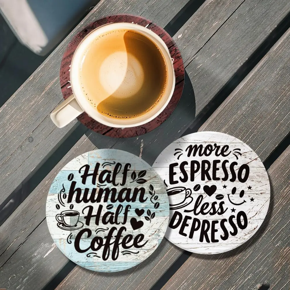 9pcs Natason Series Humorous Pattern 2D Wooden Coasters Bright Colors Rustic Style Coffee Tables  Bar Decor Moving House Gift