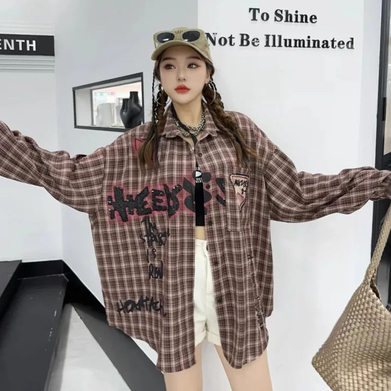European Station Trendy Women's Clothing 2025 Spring Summer New Vintage Plaid Mid-Length Letter Cartoon Loose Long Sleeve Shirt