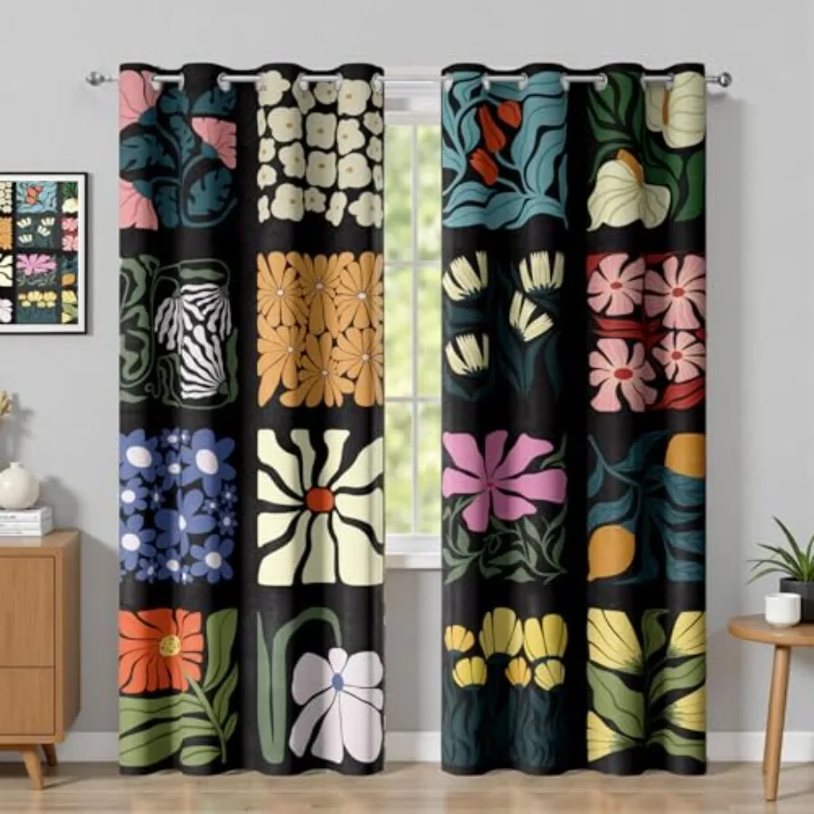 Boho Vintage Floral Blackout Curtains Retro Colorful Lattice Flower Modern Art Aesthetic Window Drapes Living Room Bedroom Deco
