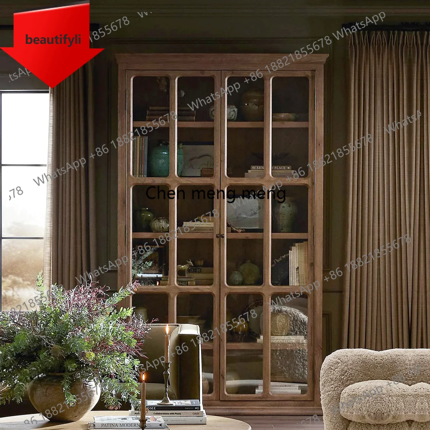 

Книжный шкаф из массива дерева в американском деревенском стиле, витрина для гостиной, французский ретро-стеллаж для кабинета со стеклянными дверцами