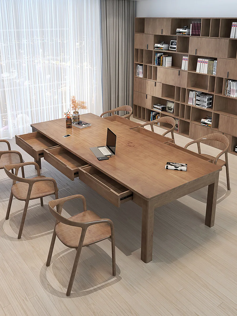 American office solid wood conference table, creative studio with drawer workbench, library multi-person study table