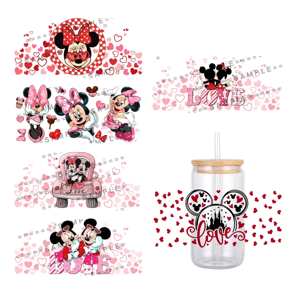 Valentine\'s Day Theme Disney Mickey Minnie UV DTF Transfer Sticker Waterproof Transfers Decals For 16oz Glass Cup Wrap Stickers