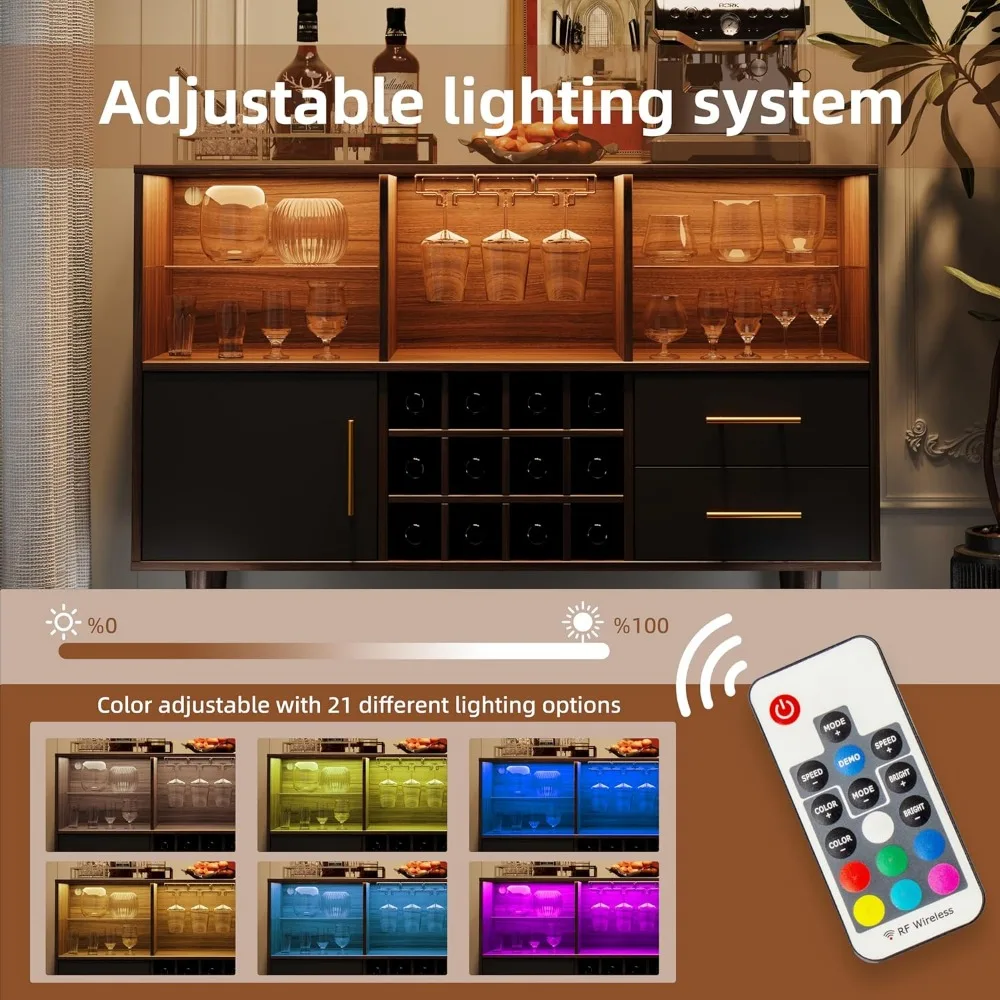 Armoire de bar moderne avec station de charge à lumière LED, brochure de 47 pouces, table de planche, café et rangement pour bar à domicile