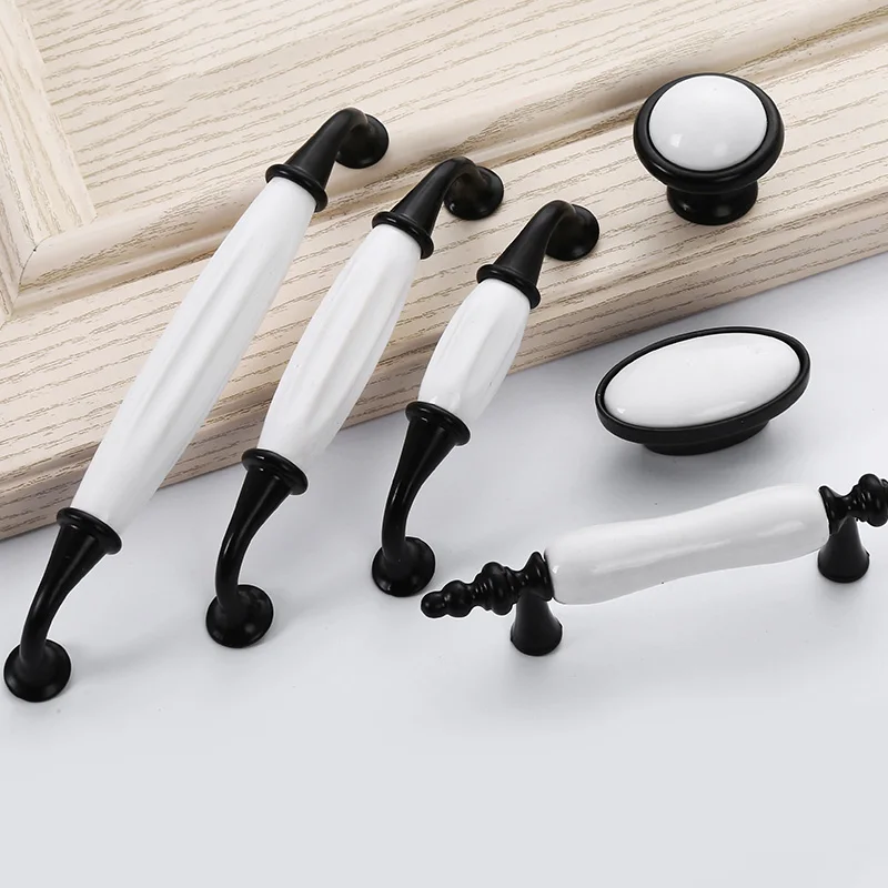 1pcs Porcelain Drawer Handles and Pulls Wardrobe Cabinet Door Handle and Knobs Furniture Hardware Pull Dumb Black and White