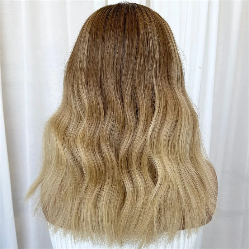 Ash Brown Roots New In 13x4 Free Part Ombre Golden Blonde Synthetic HD Lace Front Wig Blend Human Hair 14 Inch Short Wave Bob