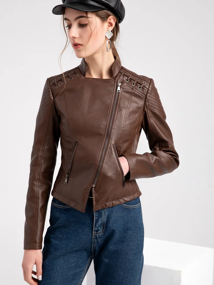 Women's PU Faux Leather Short Jacket, Slim Thin Leather Jacket, Ladies Motorcycle Suit, Lapel, Spring and Autumn, 2024