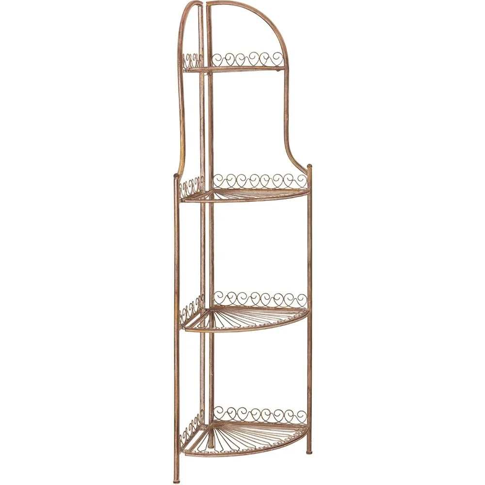 Mensola angolare da esterno rustica in ferro battuto arancione, soluzione di stoccaggio a 4 livelli per patio e giardino