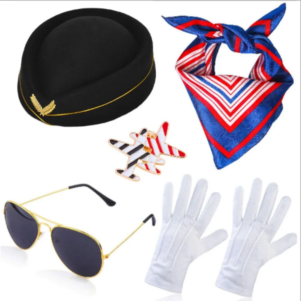 Conjunto de vestir para comissário de bordo de festa com acessórios, incluindo chapéus, óculos de sol, luvas, emblemas para fantasia de festa
