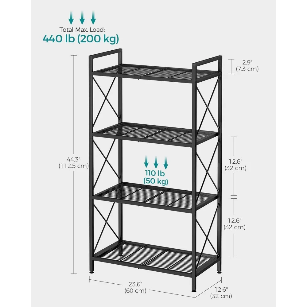 SONGMICS 4 단 금속 보관 랙, X 사이드 프레임 선반 유닛, 고밀도 메쉬, 12.6x23.6x44.3 인치, 출입구, 주방용