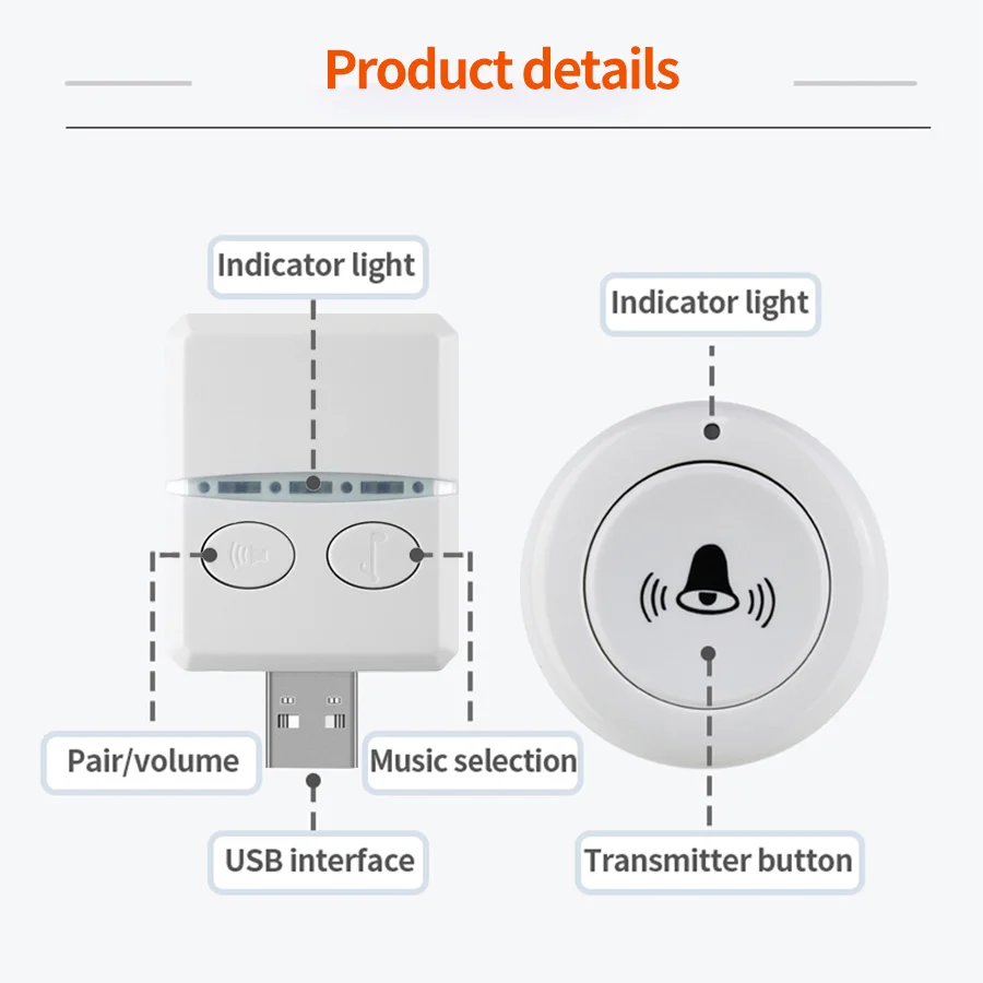 Wireless Doorbell For Home Outdoor USB Door Bell DC 5V RF433 MHz Pairing Remote Control 30 Ringtongs Adjust Volume Bed Care Call