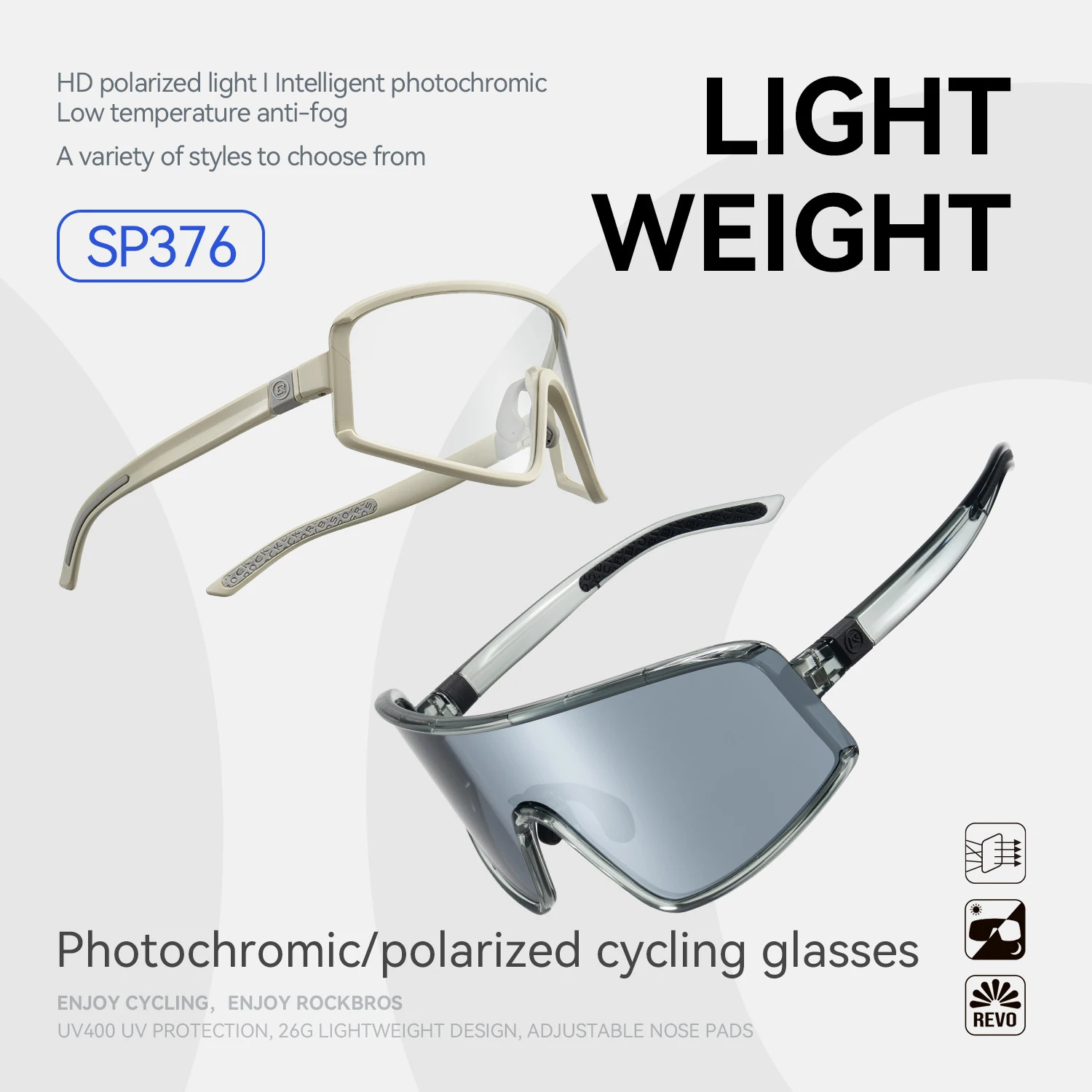 ROCKBROS Fahrradbrille Leichtgewicht UV400 Sonnenschutz Photochrome Polarisierte Brille mit Myopie-Rahmen Outdoor-Sportsonnenbrille