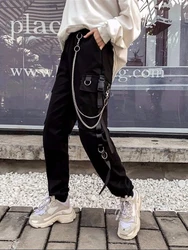 Fajna jesień kobiety lato Retro czarne spodnie Harajuku Punk spodnie na co dzień wysokiej talii proste spodnie dla par Streetwear kobiety