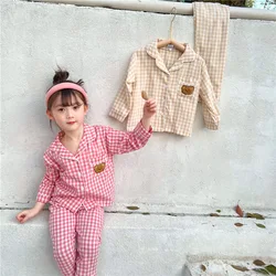 2022 Spring New Kids Pajamas Korean Plaid Print Suit for Boys and Girls Casual Cotton Sleepwear