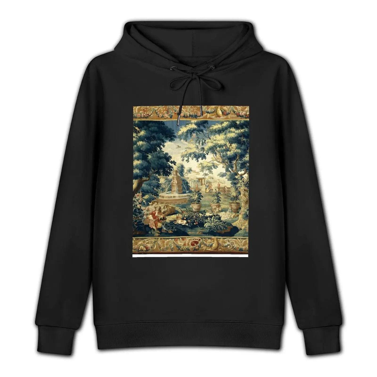 PARK SCENE WITH TREES,SITTING COUPLE AND HUNTERS IN WOODLAND LANDSCAPE Antique Flemish Tapestry Pullover Hoodie