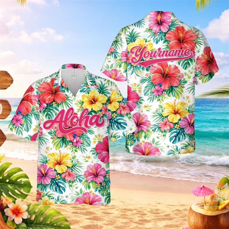

Custom Name Hawaiian Men Shirt Plant Flower Pattern Print Unisex Short Sleeved Shirt Holiday Seaside Tops Outdoor Aloha Shirts