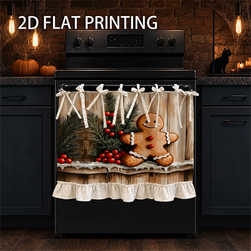 1PC Christmas Kitchen Stove Curtain — Cabinet Curtain — Apron. The design features gingerbread men, pine branches, and red berri