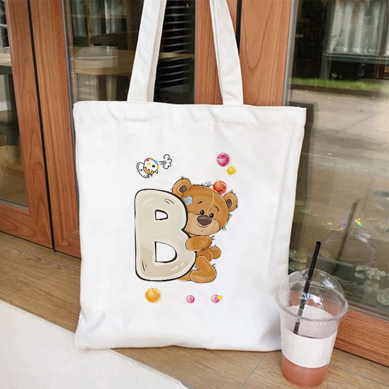 26 Alphabet A-Z Bear Print Canvas Women Shoulder Bags Letter Series Tote Bag Girls Shopping Bag White Female Shopping Bags