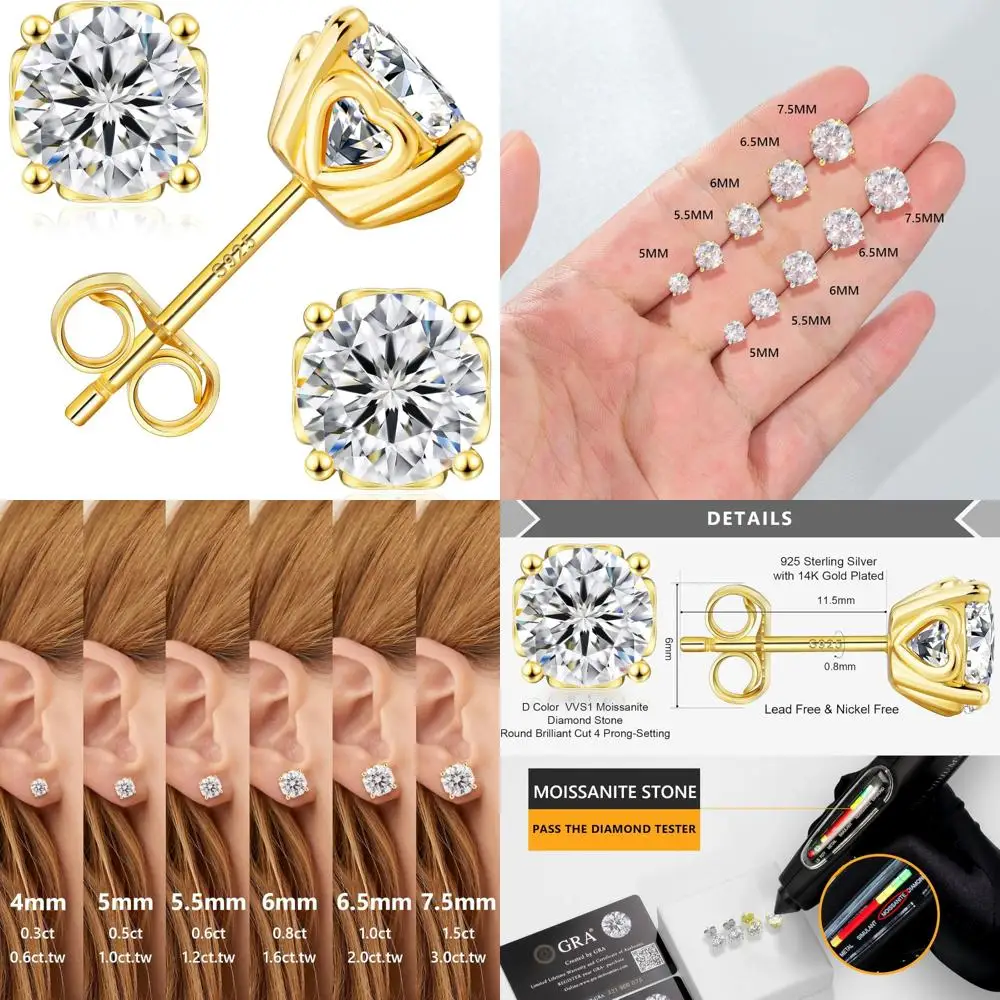 

Moissanite Heart Stud Earrings Hypoallergenic Sterling Silver 14K White Gold Plated Women's Jewelry 1ct-3ct D Carat Long-Lasting