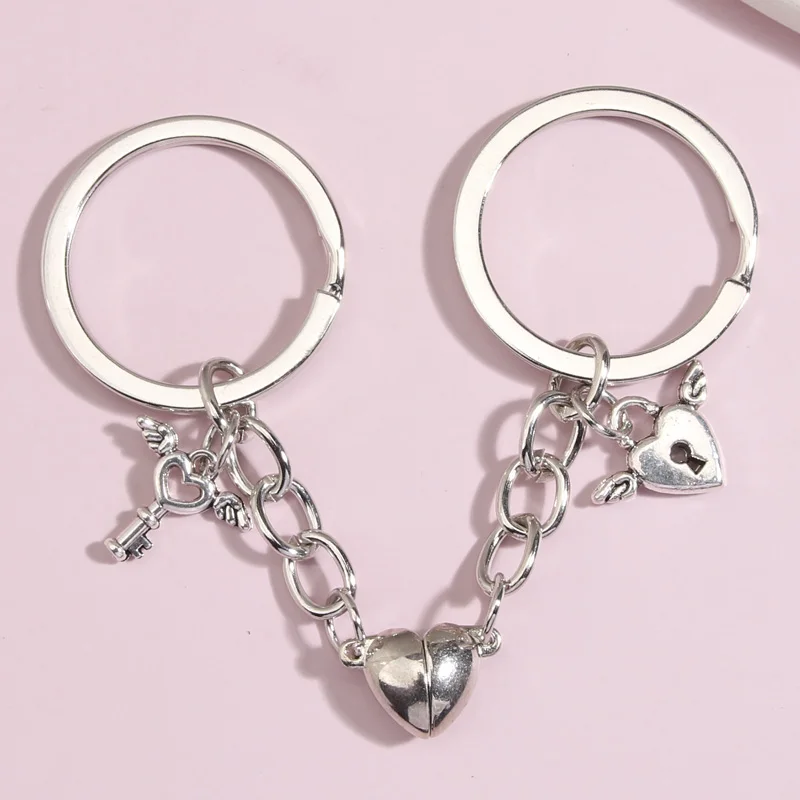 Metal Keychain Heart Key And Lock Key Ring Magnetic Button Key Chains For Couple Lover Gifts Handbag Accessorie Handmade Jewelry