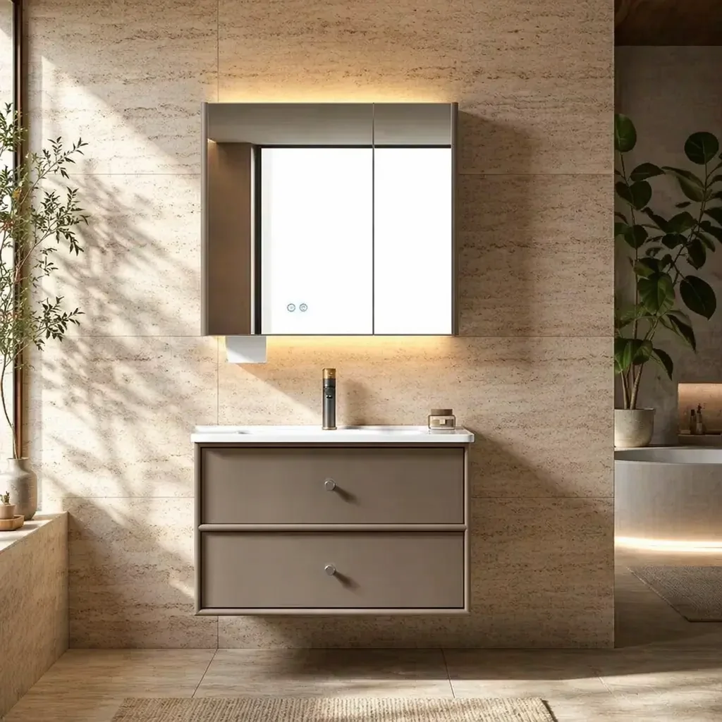 Smart Home Interior - ตู้ห้องน้ำสุดหรูราคาประหยัด ชุดตู้กระจกอัจฉริยะสีน้ำตาลสไตล์โมเดิร์น เหมาะสำหรับโรงแรมและพื้นที่อยู่อาศัย