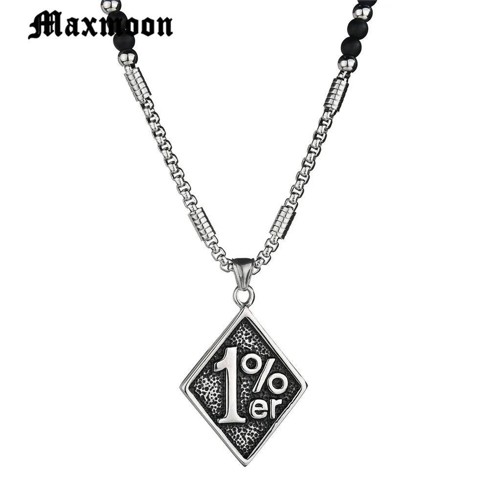 Maxmoon Silver Color 316L Stainless Steel Outlaw One Percent 1% ER Necklace With Beads Chain Motorcycle Biker Men\'s  Necklace