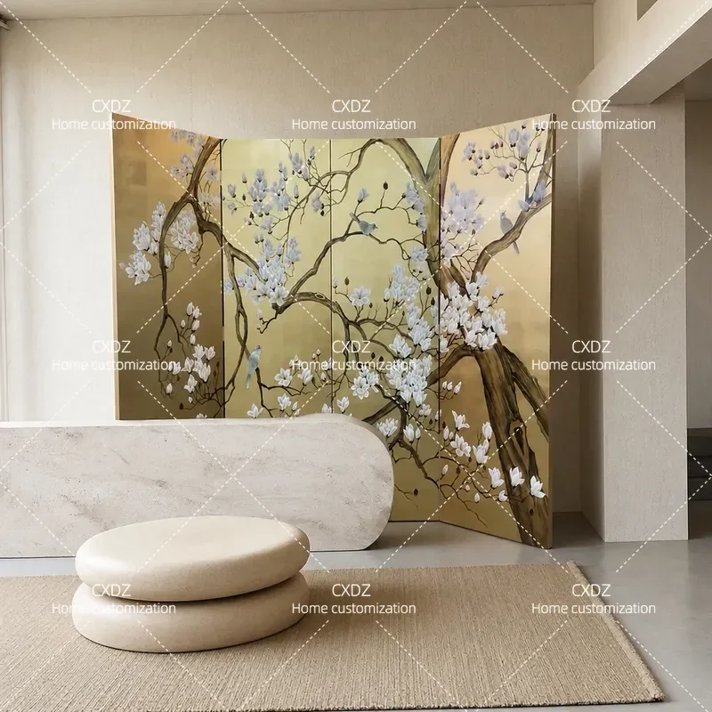Modern Chinese Retro Gold Foil Folding Screen Hand Painted Lacquer Magnolia Flower Living Room Background Wall Partition